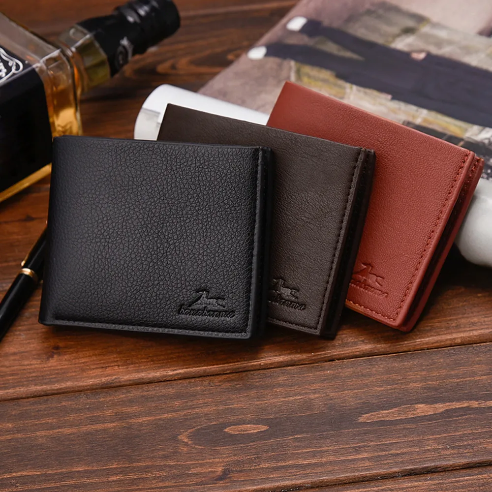 Aelicy Мужской винтажный деловой кожаный бумажник с рисунком личи и отделением для карт, Одноцветный короткий двойной держатель для карт, кошелек для карт, Purse0