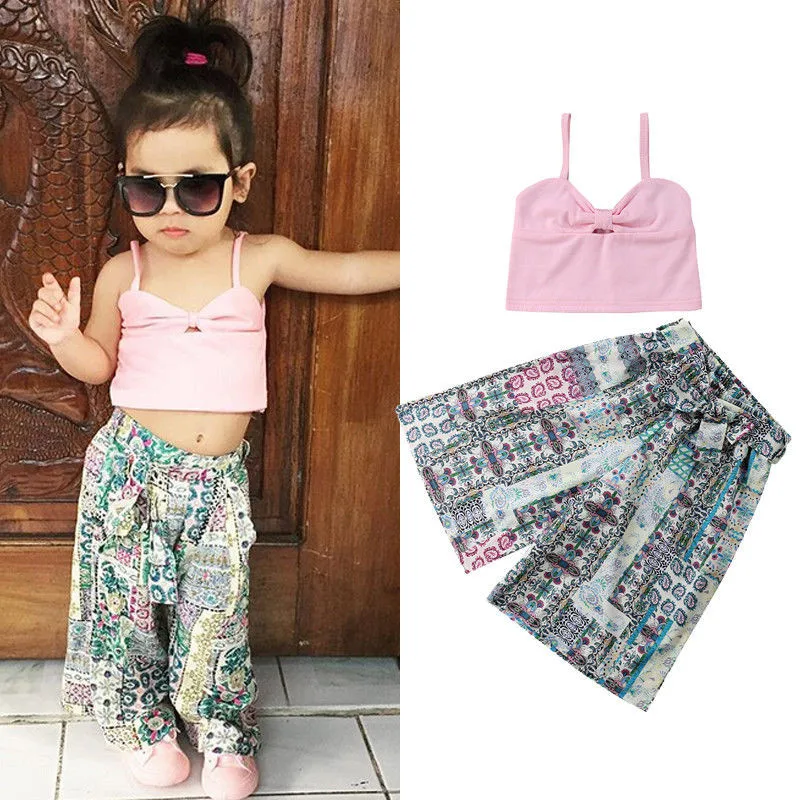 

Kids Baby Girl Summer Clothes sleeveless solid strap pullover backless Bow Vest Loose Geometry Pants 2pc cotton Toddler outfit