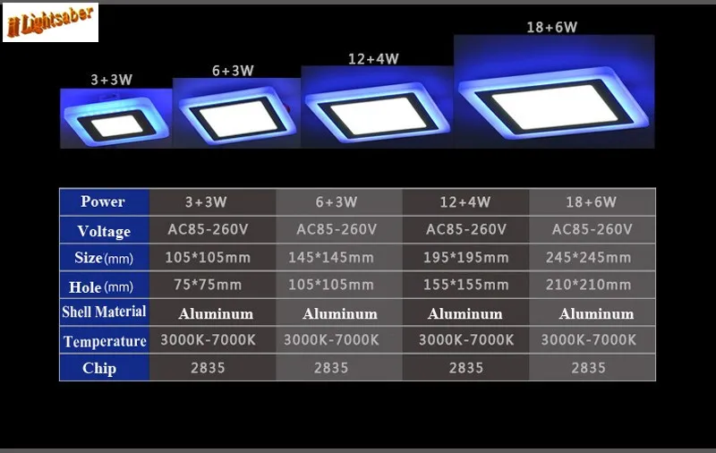 3 модели круглый квадратный синий + белый двойной светодио дный Светодиодные панели 5 Вт/9 Вт/16 Вт/Вт 24 Вт AC85-265V светодио дный встраиваемые