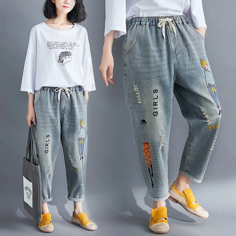 

Spring Autumn Woman Denim Pants Korean Edition Cartoon Girl Letter Embroidered Ripped Jeans Pants Plus Size Ankle-length Pants