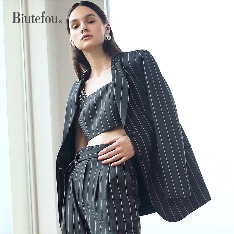 [Biutefou] 2018 women slim Blazers fashion autumn striped long sleeve celebrity Blazers