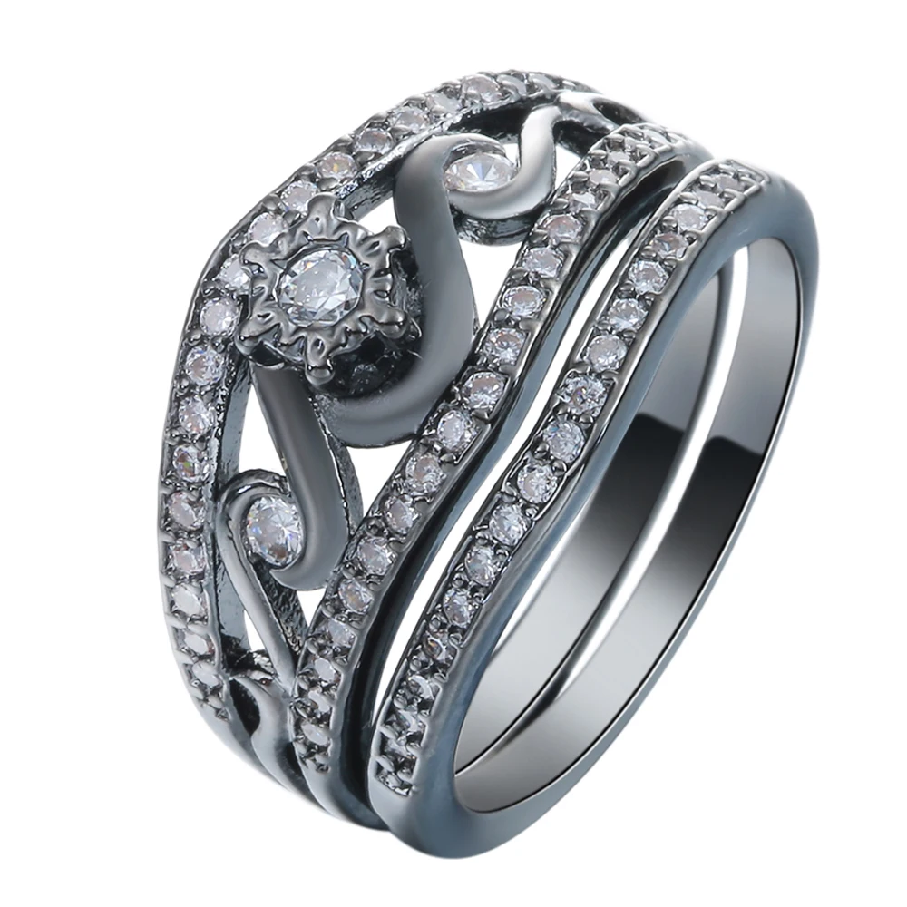 vintage black gun Rings sets love flower fashion jewelry white czech