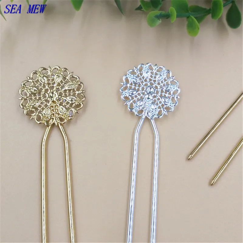 

SEA MEW 5 PCS 26mm Flowers Hair Sticks Silver Gold Color Copper U Shape Hair Pins Base Setting For Women Jewelry Making