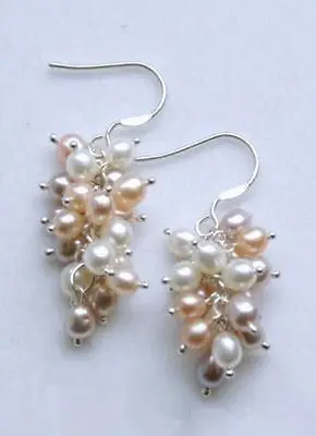 

Free shipping Real Multi-Colored Pink White Pearl 925 Sterling Silver Grape Hook Earrings 6.10