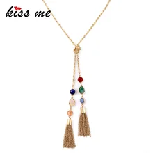 Long Alloy Dazzle Color Imitation Gems Female Tassel Pendant Necklace Factory Wholesale