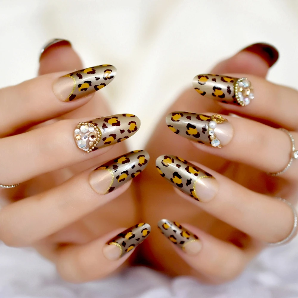3D Длинные круглые золотые леопардовые французские поддельные ногти коричневые золотые стразы блестящие накладные ногти DIY маникюр летняя одежда для ногтей