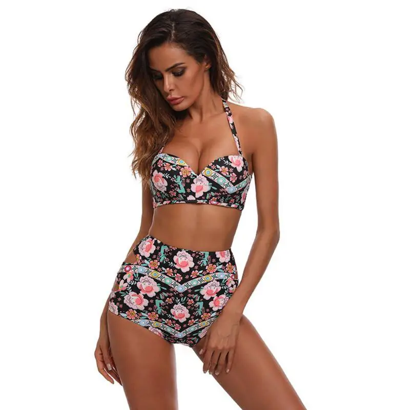 Sexy Floral printed bikini 2019 high waisted bikini halter Swimsuit Padded Swimwear Beach Swimsuit Brazilian bathing suit playa