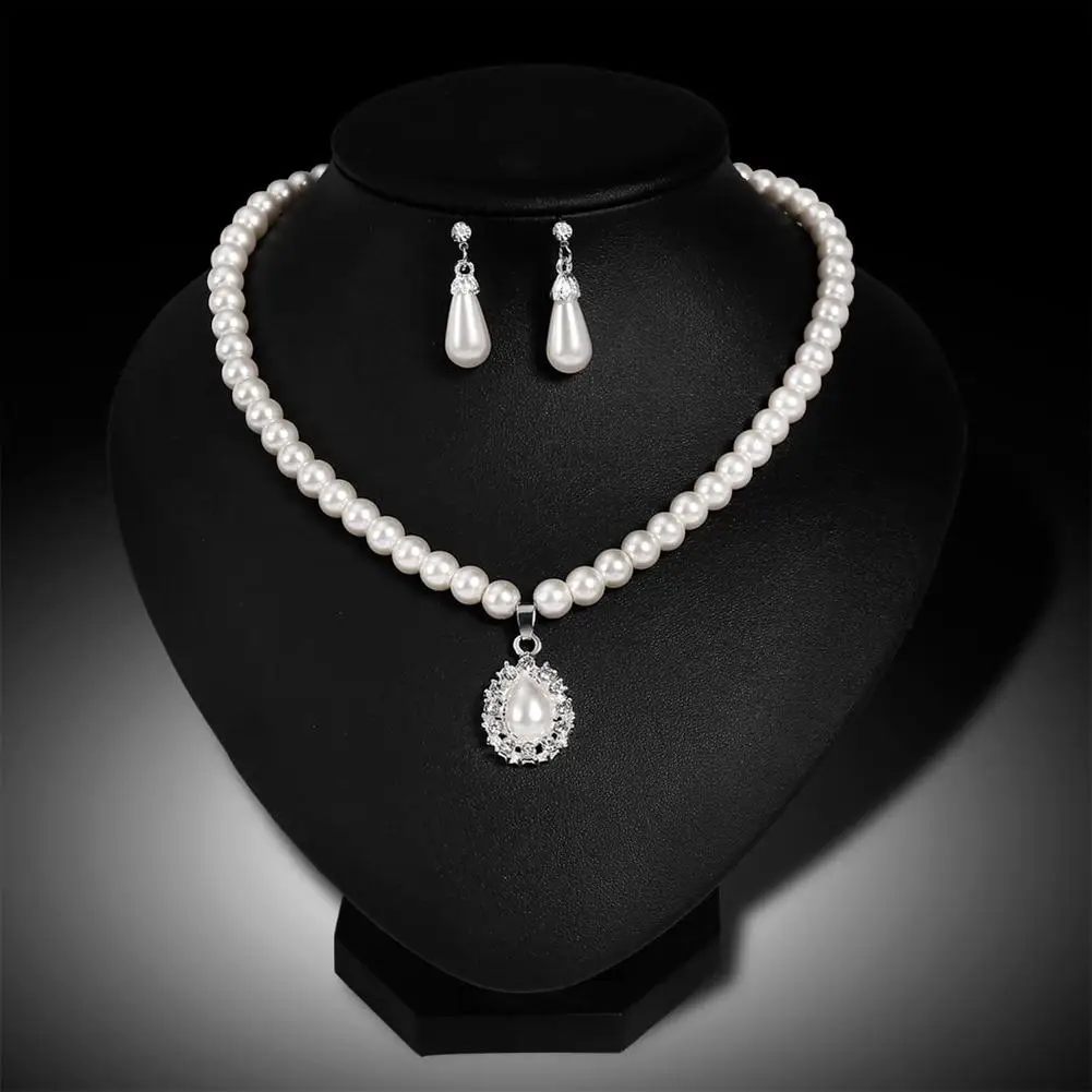 

Water Drop Faux Pearl Beaded Rhinestone Bridal Necklace Earrings Jewelry Set
