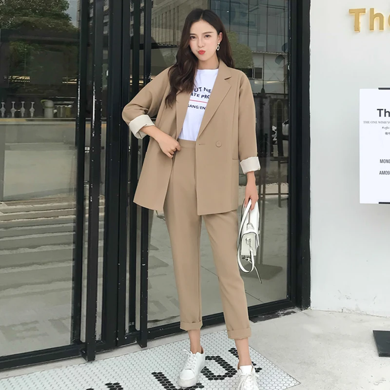 

2019 high quality Casual Solid Women Pant Suits Notched Collar Blazer Jacket Pencil Pant Khaki Female Suit Autumn