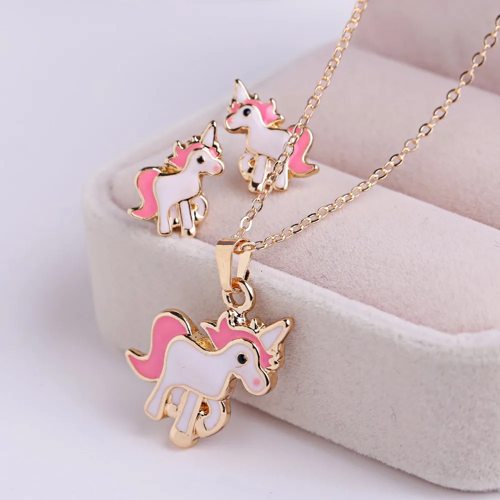 

Cute Female Girls Unicorn Stud Earrings Fashion Animal Necklaces Vintage Wedding Jewelry Set for Women Pink Horse Animal Unicorn