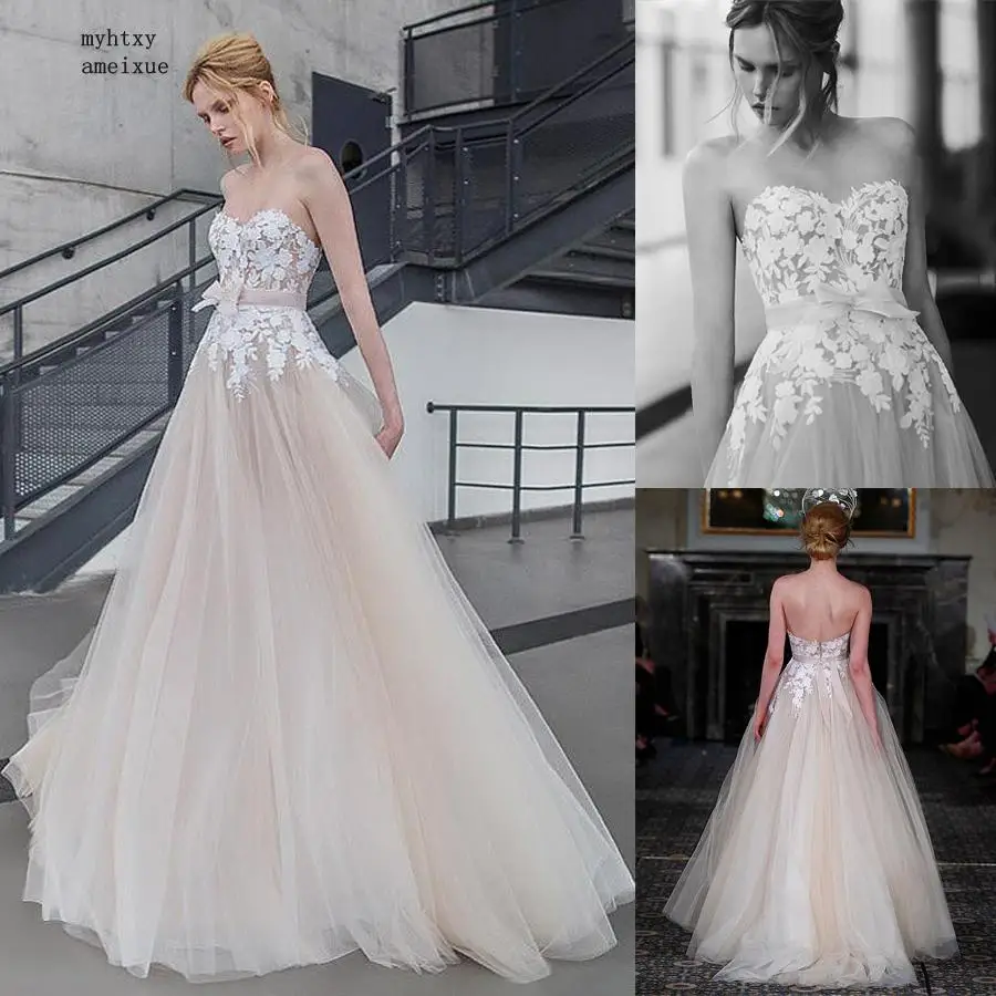 

Alluring Tulle Sweetheart A-line Cheap Sexy Wedding Dresses 2019 Lace Appliques Champagne Bridal Dress Bow Vestidos De Novia