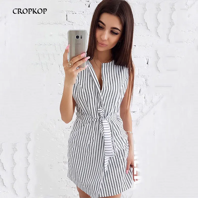 

Casual Women Stripe Printed Lace-up V Neck Wrap Sleeveless Asymmetric A Line Short Mini Tank Dress Summer Slim Office Wear Dress