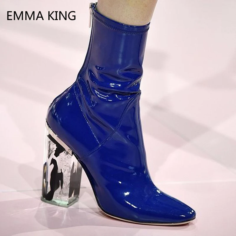 

2019 New Socks Ankle Boots Women Crsytal Heels Ladies Shoes High Clear Heels Square Toe Short Boots Runway Show Large Size