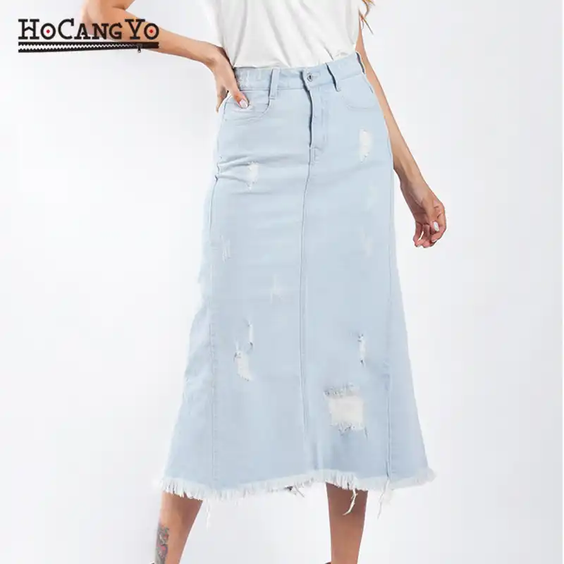 stretch midi denim skirt