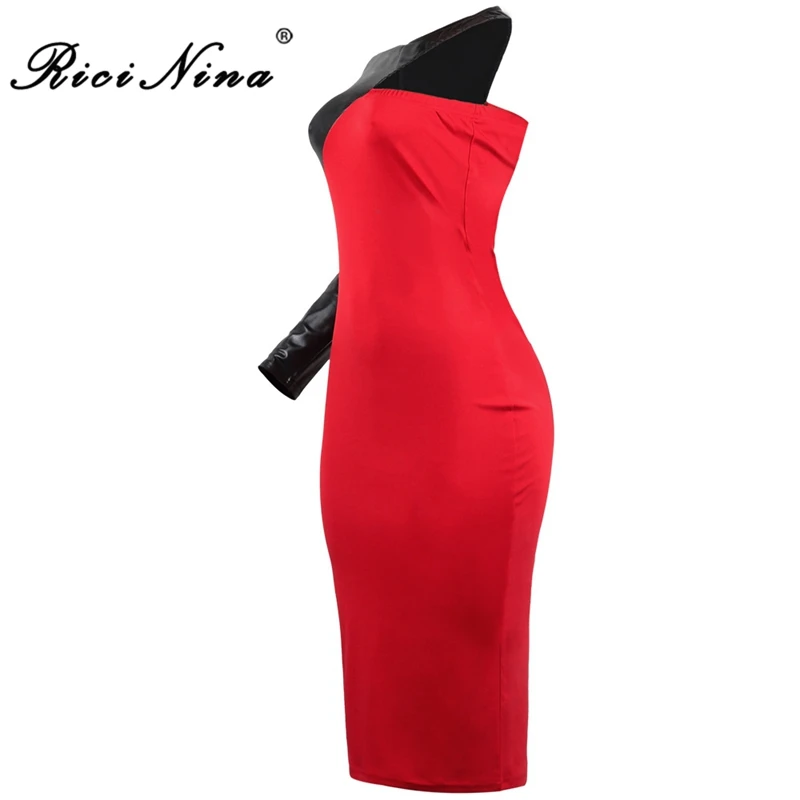 RICININA 2019 Summer Women Dress Women O Neck Long Sleeve One Shoulder Patchwork Midi Dress Woman Casual Party Dress Vestidos