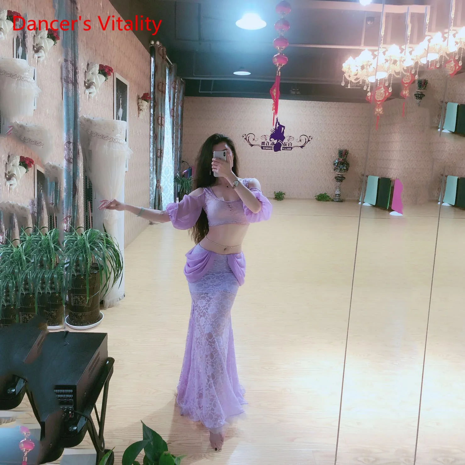 

Summer 2 Piece Women Lace Practice Clothes Middle Sleeve Top Long Lace Skirt Dancer Performance Show Wear Blue Purple M L