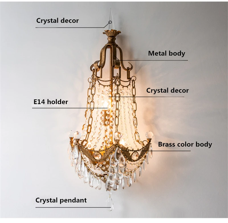 FUMAT American K9 Crystal Wall Lamps Sconce For Living Room European style Metal Vintage Antique Brass Nodric LED Wall Light FUMAT American K9 Crystal Wall Lamps Sconce For Living Room European style Metal Vintage Antique Brass Nodric LED Wall Light