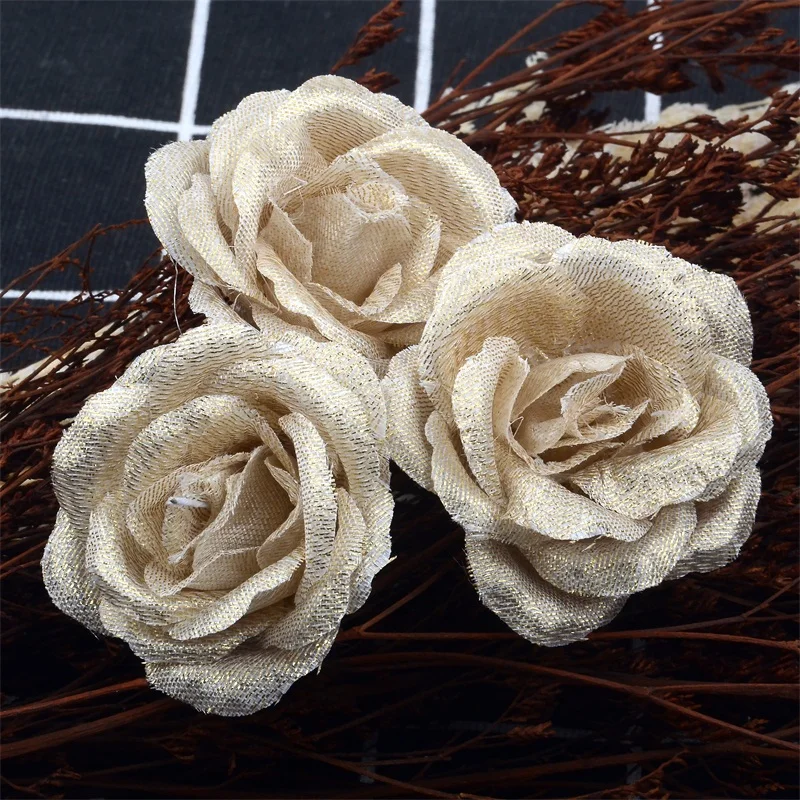 10pcs 4cm Silk Gold Artificial Rose Flower Heads Decorative Flowers for Wedding Home Party Decoration Mini DIY Fake Flower Wall