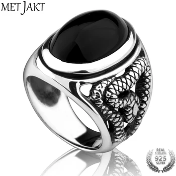 

MetJakt Vintage Punk Natural Agate Ring & Hand-carved Snake Pattern Solid 925 Sterling Silver Ring for Men's Party Jewelry