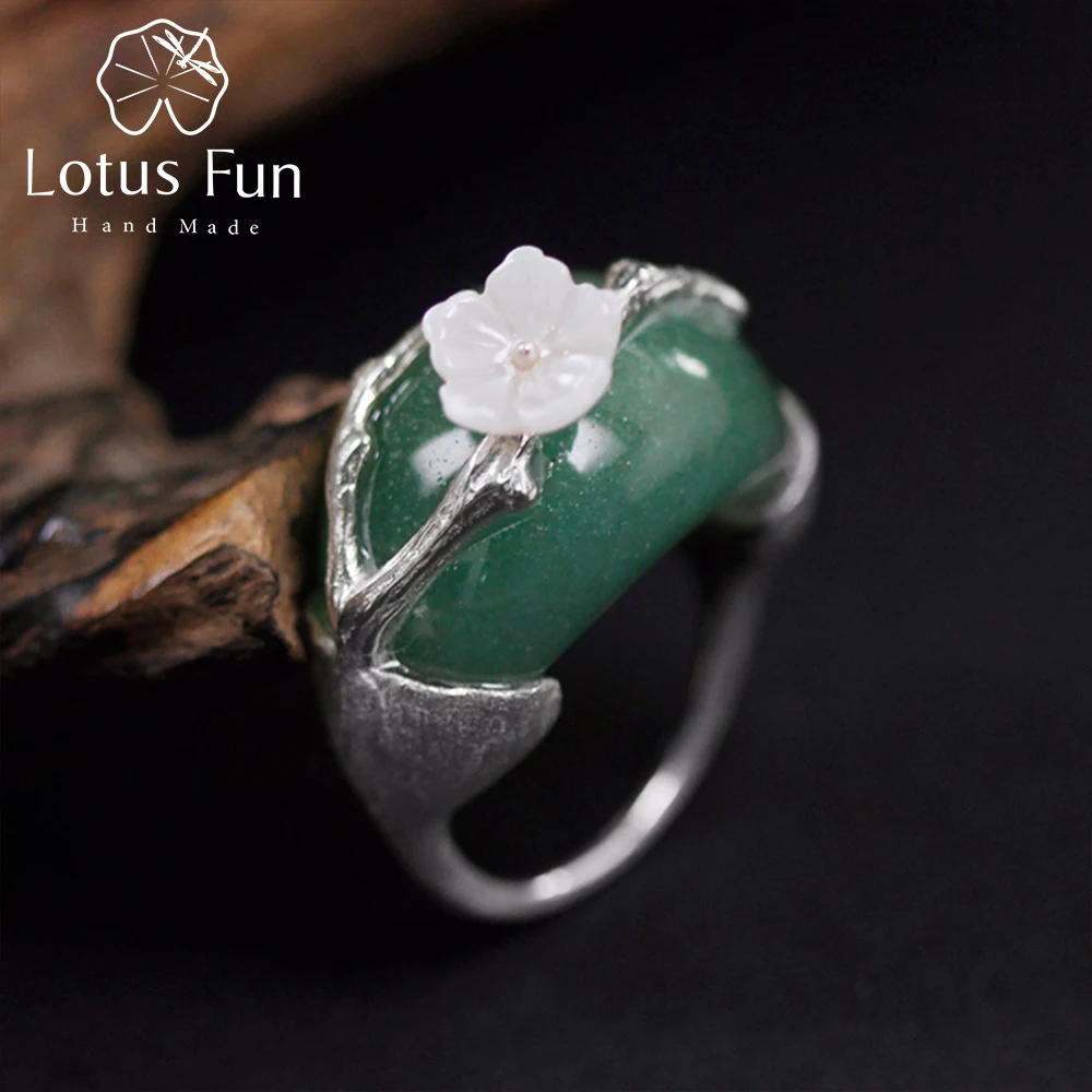 Lotus Fun Real 925 Sterling Silver Natural Pink Green Stones Original Handmade Design Fine Jewelry Plum Flower Rings for Women