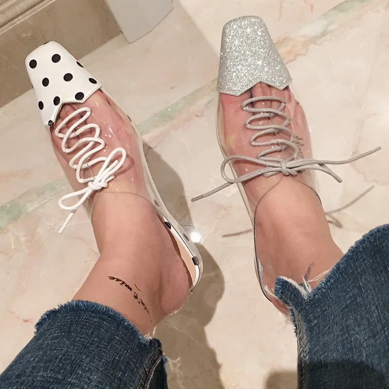

Patchwork Square toe mules femme brand transparent summer slides women cross-tied wedges sandal closed toe slippers ladies shoes
