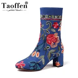 TAOFFEN/новые женские сапоги до середины икры с вышивкой обувь на квадратном каблуке с боковой молнией модная женская обувь в этническом стиле