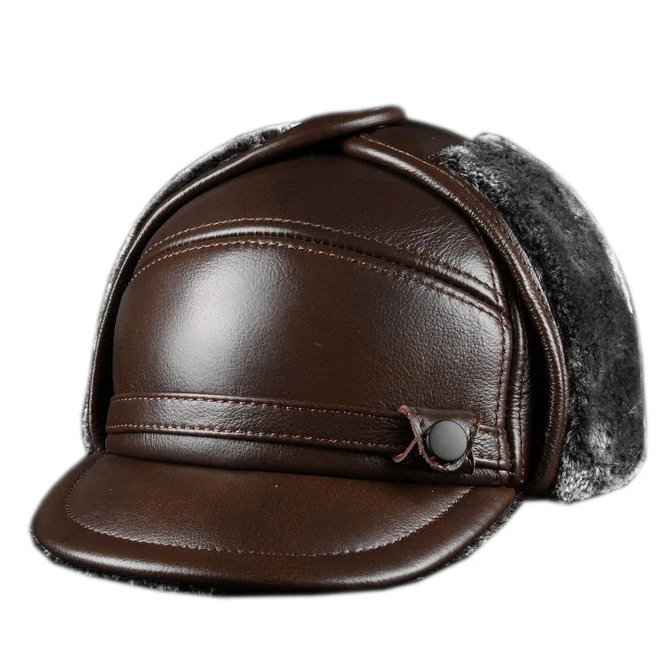 leather cap men's leather hat outdoor Leather Hat fur hat 2019 winter fashion husband father hat for gift