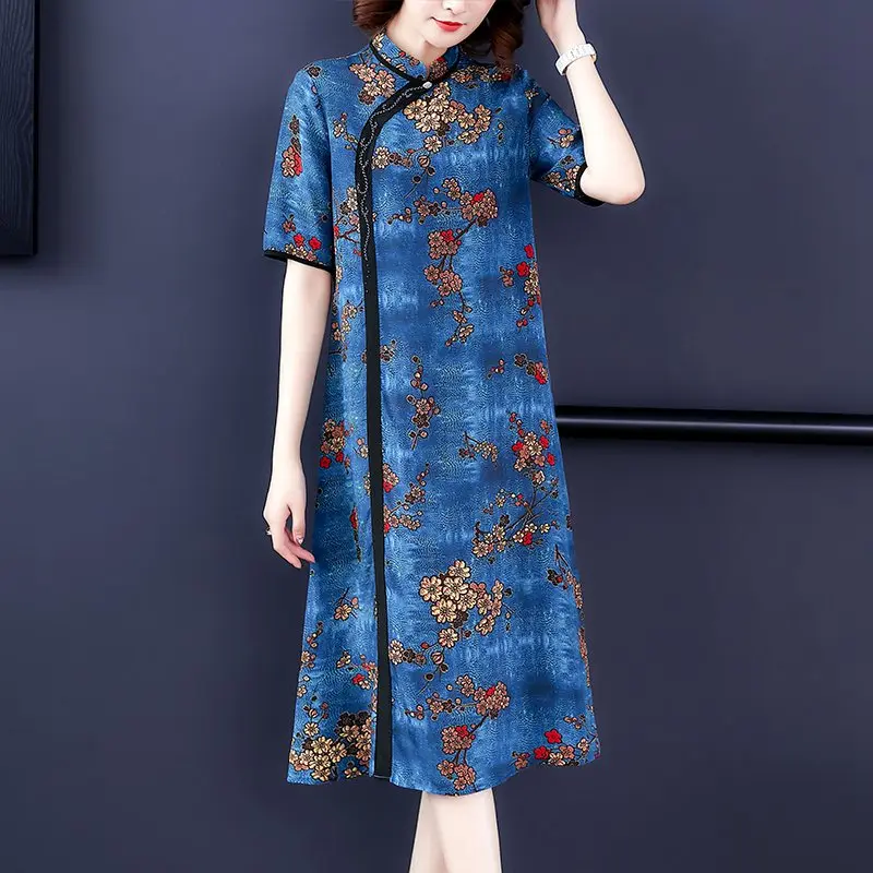 Китайское платье Ципао чонсам, шифоновое платье для женщин с цветочным принтом, китайское традиционное платье чонсам, восточное платье до колен