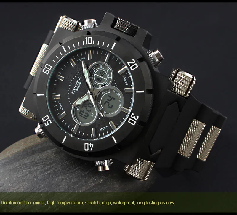 Большие мужские часы в стиле панк, вес 194 г, Топ бренд, роскошные часы с большим циферблатом, аналого-цифровой дисплей, военные часы EPOZZ