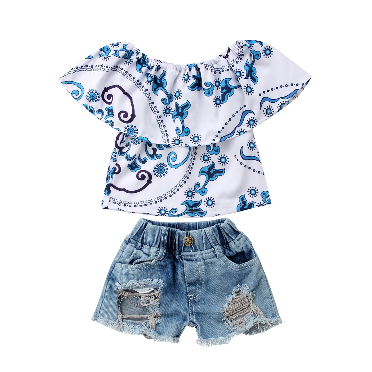 Kids Baby Girl Top Floral T shirt Ripped Jeans Denim Shorts Casual Outfits Set 2PCS Clothes Fashion Raglan Sleeve Clothing | Мать и