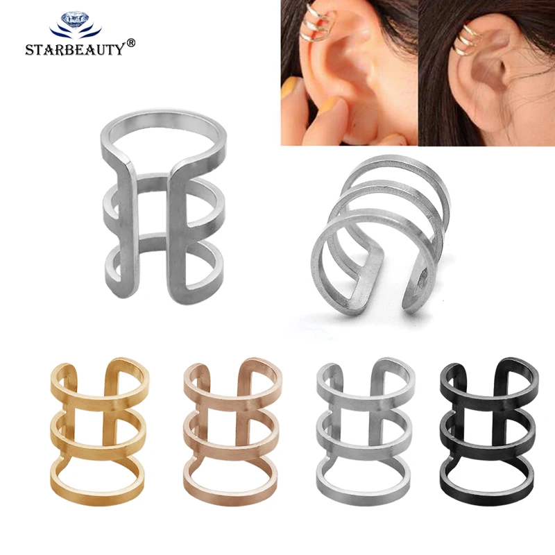 

2Pcs Stainless Steel Non Piercing Closure Rings Fake No Piercing Double Triple Hoop Ear Cuff Clip On Earring Tragus Cartilage