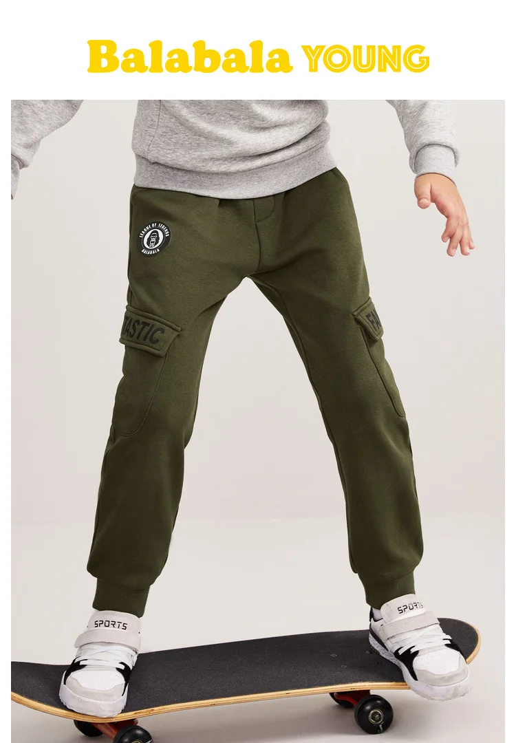 Balabala/спортивные штаны-карго на флисовой подкладке для мальчиков-Подростков Спортивные штаны с открытым карманом и резинкой на талии и подоле