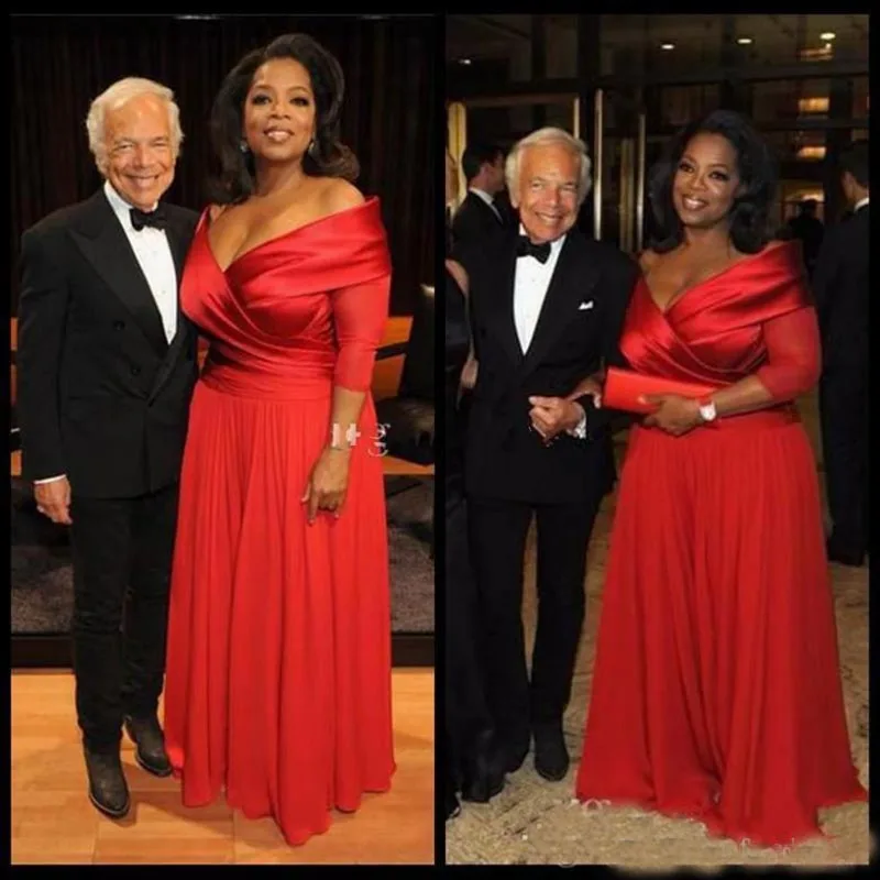 

2019 Oprah Winfrey Off Shoulder Plus Size Evening Dresses 3/4 Long Sleeve Ruched Red Chiffon Prom Dress Mother of Bride Dresses