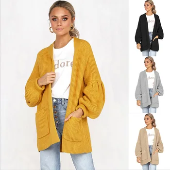 

2020 high quality Wool Cardigan Women Sweater Casual Oversize Knitted Coat Women Long long Puff Sleeve pocket Cardigan plus size