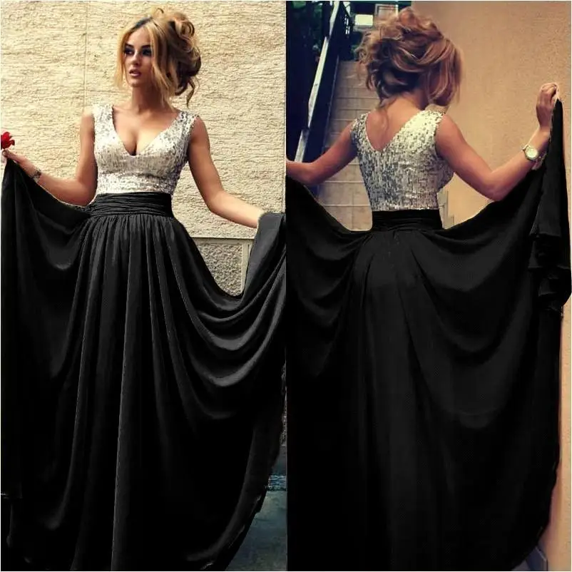 Fast Shipping Long V Neck Champagne Sequin Prom Dresses For Wedding Fast Shipping Long V Neck Champagne Sequin Prom Dresses For Wedding Party 2016 Burgundy Black Custom Made In From Weddings
