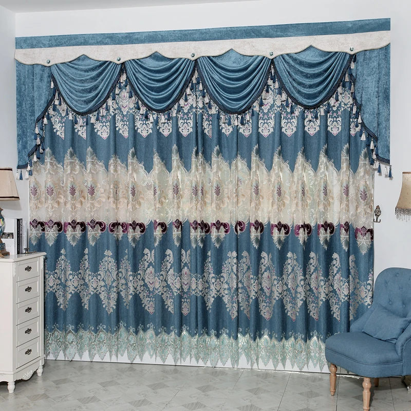 

Custom curtains luxury high class Chenille upscale European blue embroidery thicken cloth blackout curtain tulle valance N237