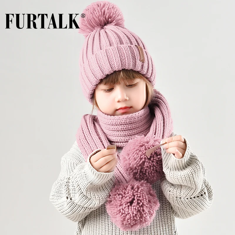 FURTALK Зимняя Детская Шапка и Шарф Мех Енота Помпон для Девочки Вязяние Шапки