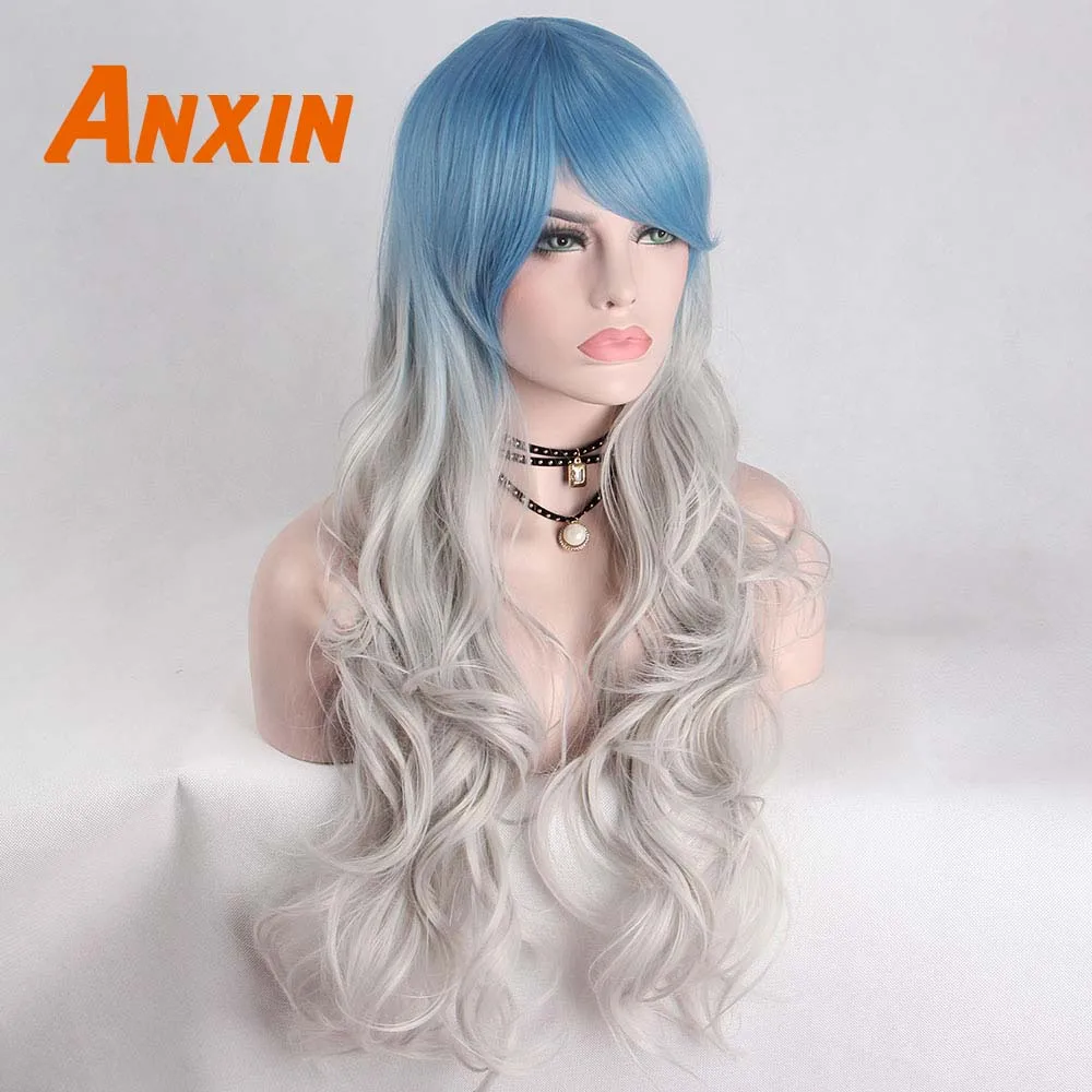 Anxin косплэй Искусственные парики для женщин синий серый Ombre красочные длинные вьющиеся парик волос производитель синтетическ