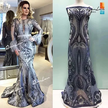 

Navy Blue Sequined Embroidered African Net Lace Fabric 2019 High Qulaity Nigerian Sequins Tulle Mesh Wedding Bride Dresses Laces