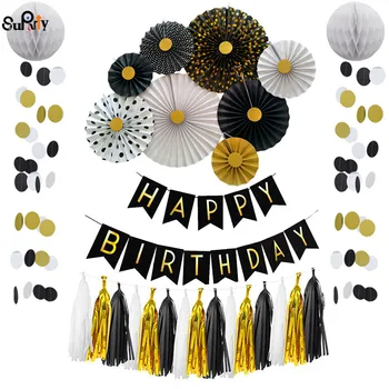 

3 sets Black Gold Paper Party Fans Flag Banner Confetti Glitter Gold Tie Event Decor Little Man Smash Cake Prop Birthday Favor