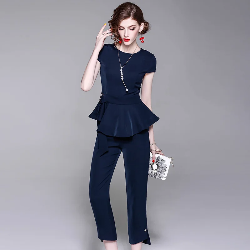 office Ol Women's Pants Suit Set Summer Navy Blue Lace up Short Sleeve ...