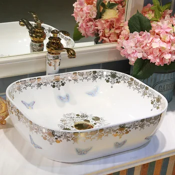 

Butterfly pattern Basin Jingdezhen Art Pottery And Porcelain Wash Basin Round European Washbasin bathroom sink rectangular