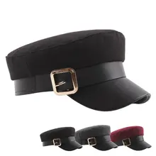 Новинка, Женский Черный Военный колпак, модная шапка с плоским верхом, Женская осенне-зимняя теплая утолщенная шапка из искусственной кожи