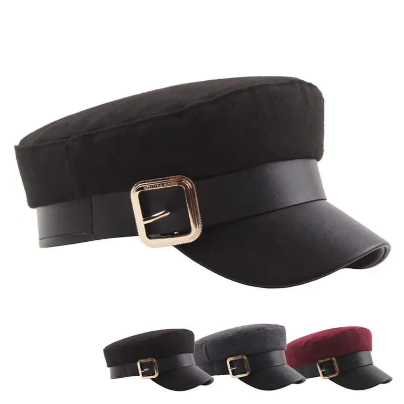 

2019 New Ladies Black Military Cap Fashion Flat Top Hat Woman Autumn Winter Warm Thickening PU Leather Bone Newsboy Cap