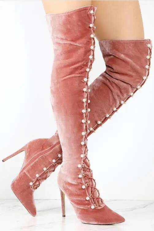 Spring Hot Pink Velvet Women Lace Up 