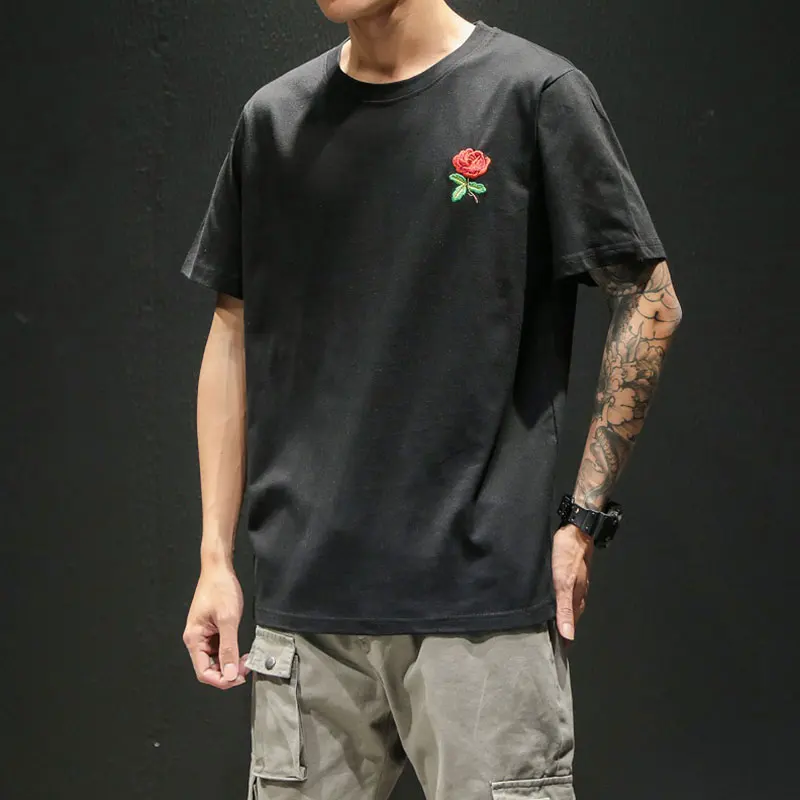 

plus size 5XL 100% cotton mens t-shirts 2019 new summer embroidery rose male tops tshirt fashion tee shirt men