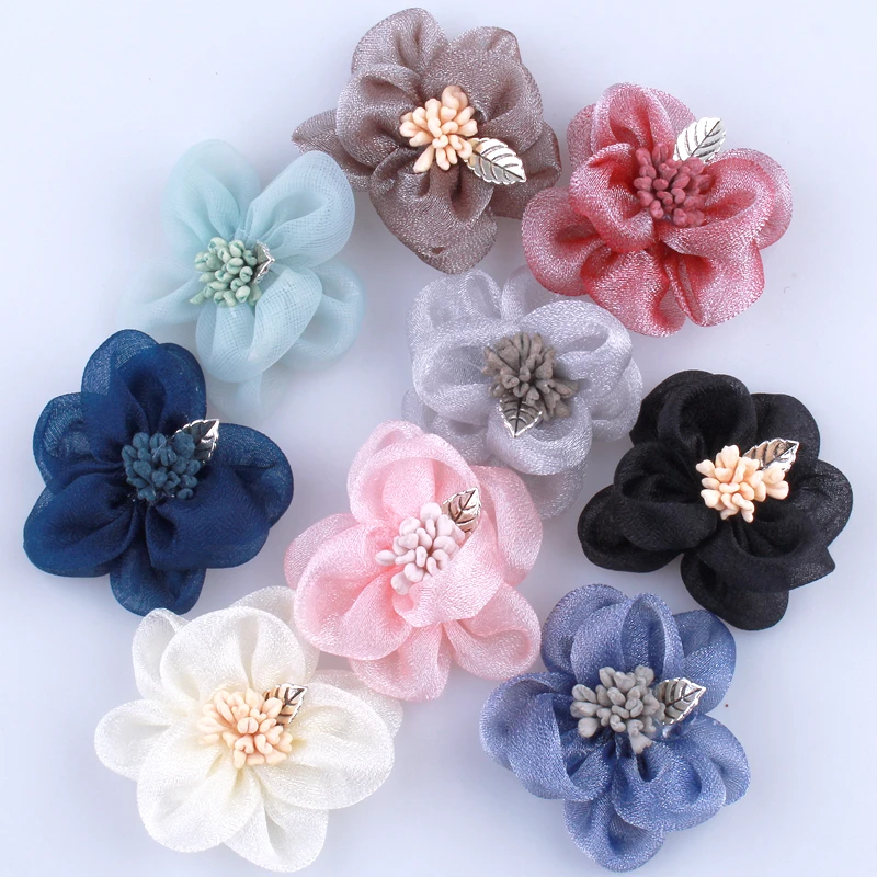 

120PCS 4.5CM New Chic Silk Fabric Flowers For Women Hair Shiny Gauze Layered Flower With Stamen For Headband Accessories U Pick