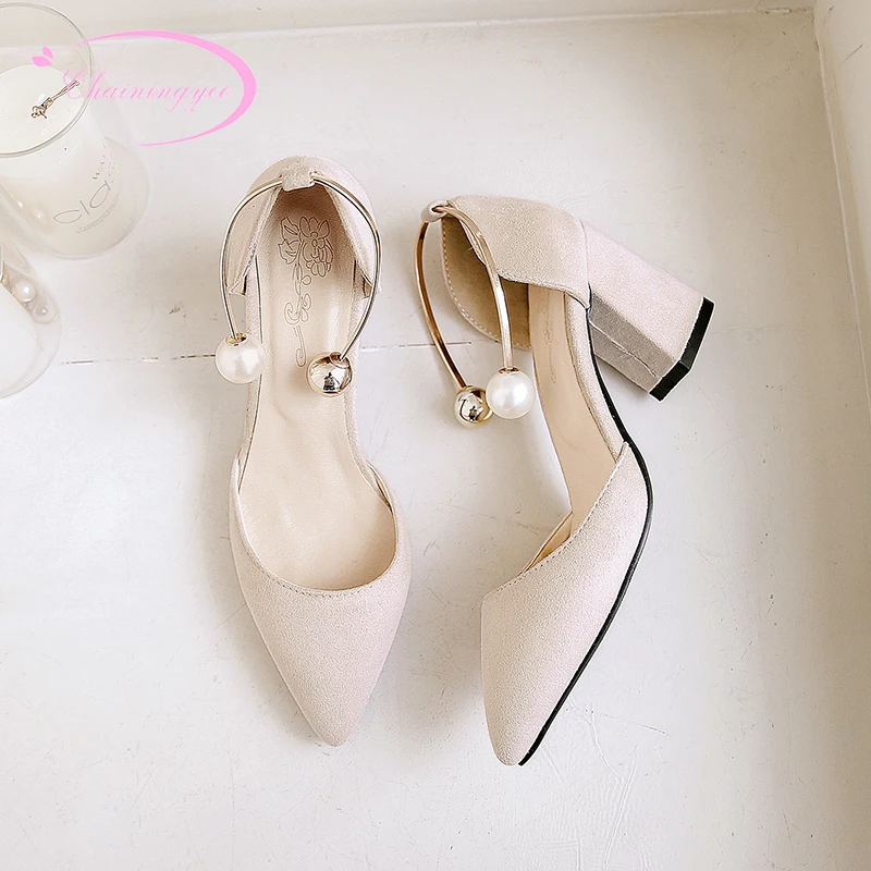 

Korean casual style sexy pointed toe summer sandals fashion beaded slip-on beige pink black high-heeled chunky women's shoes