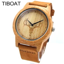TIBOAT Hommes Faits À La Main En Bois Massif Bambou Quartz Montre Cerf Tête Motif Avec Mouvement Japonais Réel Bracelet En Cuir horloge Pour Le Cadeau