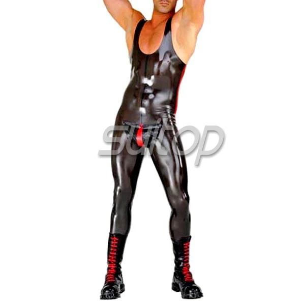 US $101.10 hot sell high neck latex catsuit black and white rubber bodysuit full cover